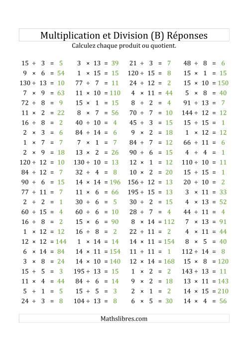 100 Questions sur la Multiplication/Division Horizontale de 1 à 15 (USA & Canada) (B) page 2