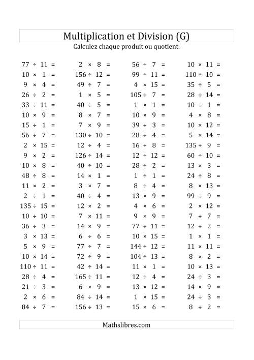 100 Questions sur la Multiplication/Division Horizontale de 1 à 15 (USA & Canada) (G)