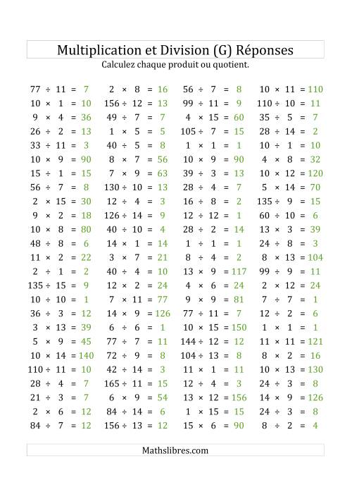 100 Questions sur la Multiplication/Division Horizontale de 1 à 15 (USA & Canada) (G) page 2