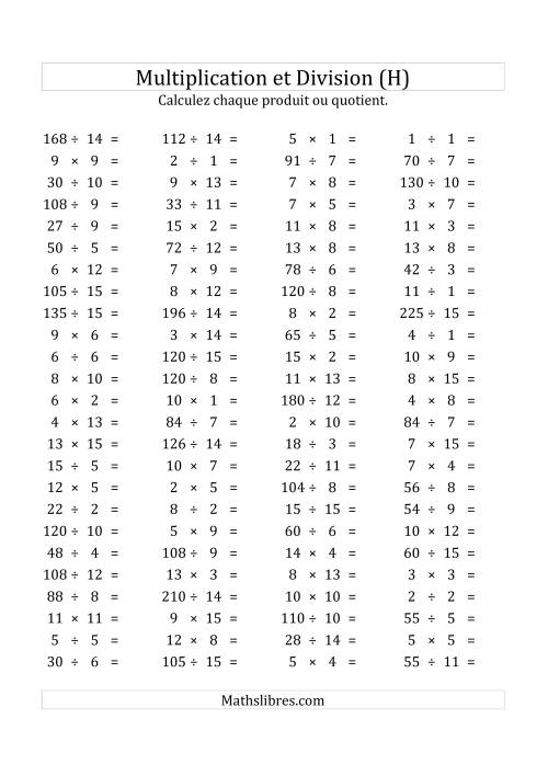 100 Questions sur la Multiplication/Division Horizontale de 1 à 15 (USA & Canada) (H)