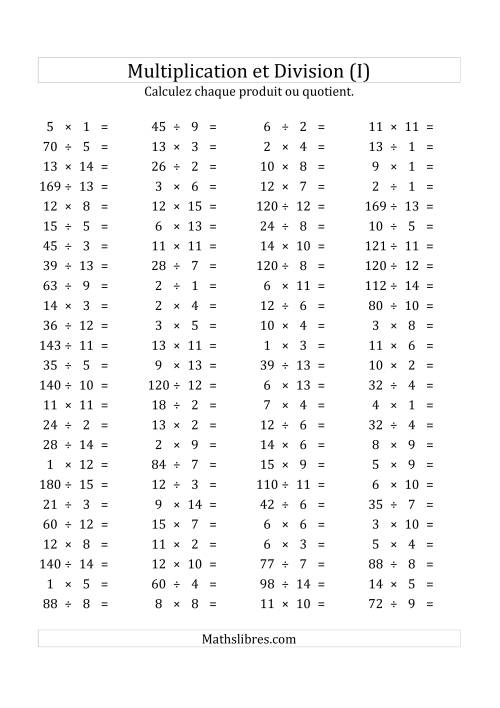 100 Questions sur la Multiplication/Division Horizontale de 1 à 15 (USA & Canada) (I)