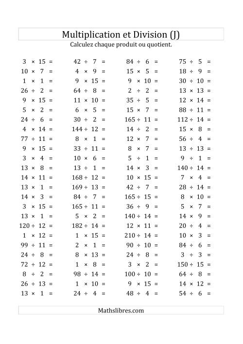 100 Questions sur la Multiplication/Division Horizontale de 1 à 15 (USA & Canada) (J)