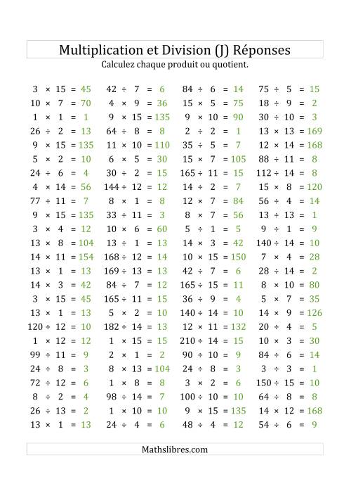 100 Questions sur la Multiplication/Division Horizontale de 1 à 15 (USA & Canada) (J) page 2