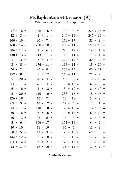 100 Questions sur la Multiplication/Division Horizontale de 1 à 20 (USA & Canada) (A)