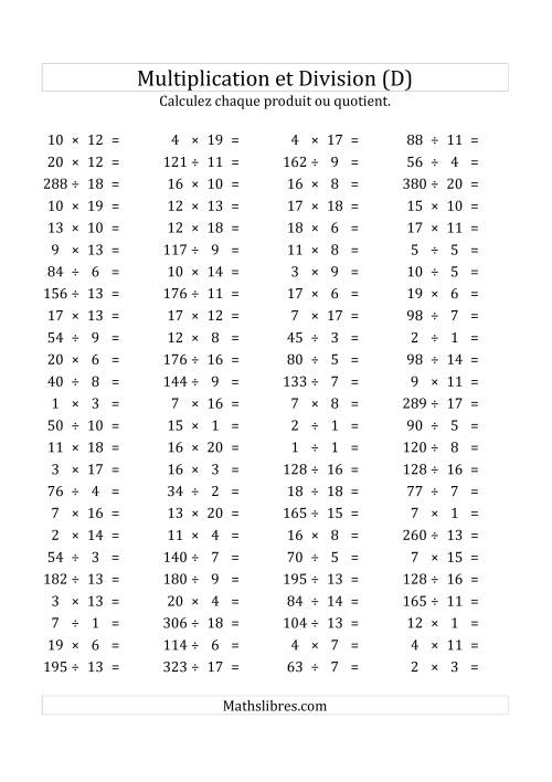 100 Questions sur la Multiplication/Division Horizontale de 1 à 20 (USA & Canada) (D)