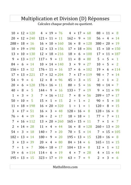 100 Questions sur la Multiplication/Division Horizontale de 1 à 20 (USA & Canada) (D) page 2