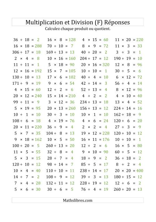 100 Questions sur la Multiplication/Division Horizontale de 1 à 20 (USA & Canada) (F) page 2