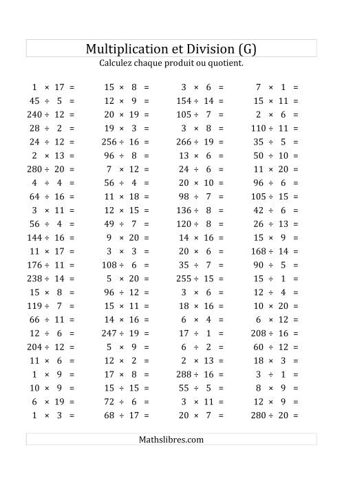 100 Questions sur la Multiplication/Division Horizontale de 1 à 20 (USA & Canada) (G)