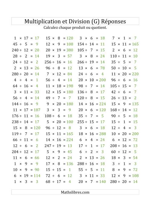100 Questions sur la Multiplication/Division Horizontale de 1 à 20 (USA & Canada) (G) page 2
