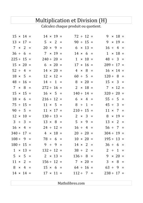 100 Questions sur la Multiplication/Division Horizontale de 1 à 20 (USA & Canada) (H)