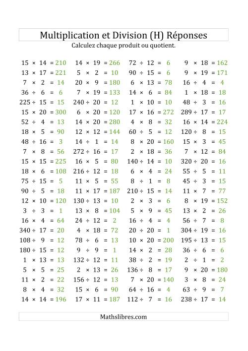 100 Questions sur la Multiplication/Division Horizontale de 1 à 20 (USA & Canada) (H) page 2