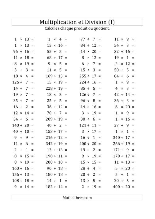 100 Questions sur la Multiplication/Division Horizontale de 1 à 20 (USA & Canada) (I)