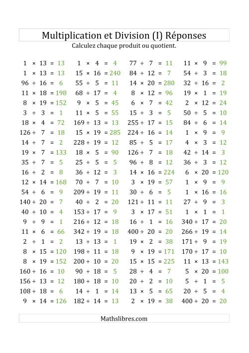 100 Questions sur la Multiplication/Division Horizontale de 1 à 20 (USA & Canada) (I) page 2