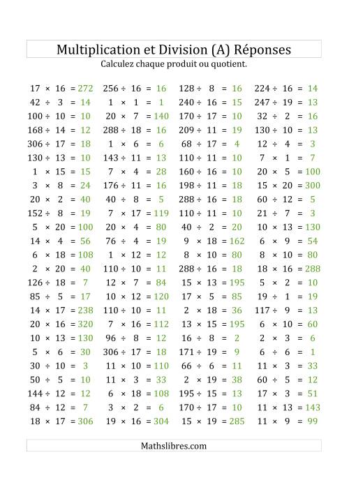 100 Questions sur la Multiplication/Division Horizontale de 1 à 20 (USA & Canada) (Tout) page 2