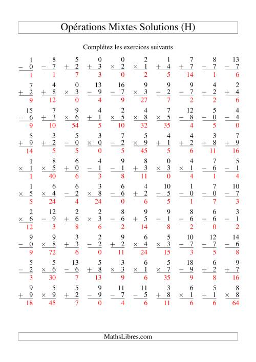 Addition, Soustraction et Multiplication -- Variation 0 à 9 (H) page 2