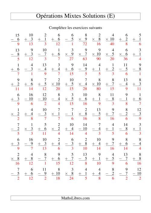 Addition, Soustraction et Multiplication -- Variation 1 à 10 (E) page 2