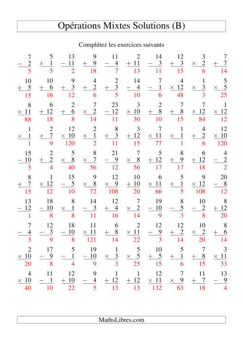 Addition, Soustraction et Multiplication -- Variation 1 à 12 (B) page 2