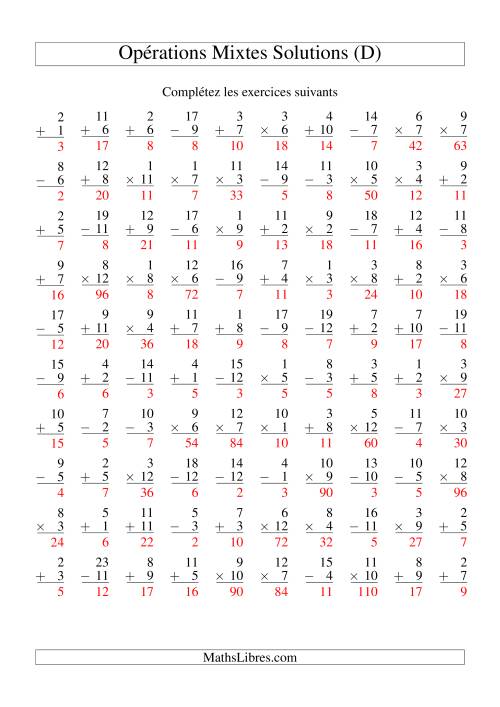 Addition, Soustraction et Multiplication -- Variation 1 à 12 (D) page 2