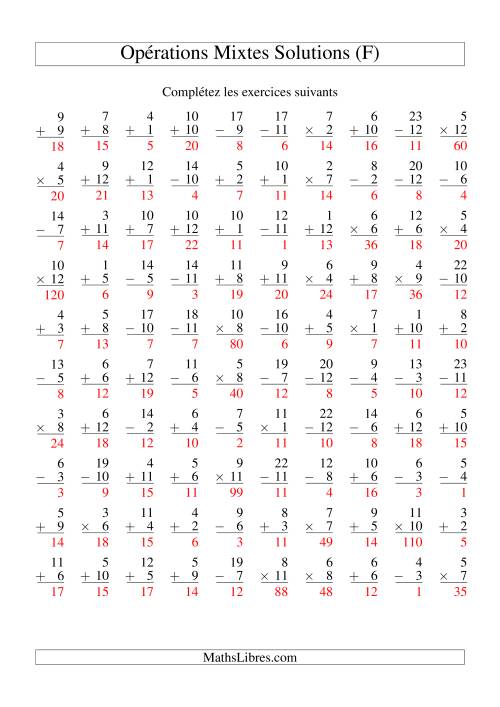 Addition, Soustraction et Multiplication -- Variation 1 à 12 (F) page 2