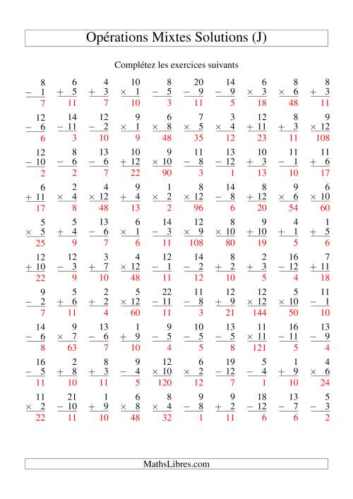 Addition, Soustraction et Multiplication -- Variation 1 à 12 (J) page 2