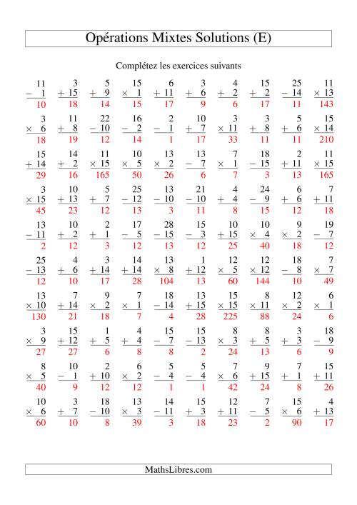 Addition, Soustraction et Multiplication -- Variation 1 à 15 (E) page 2