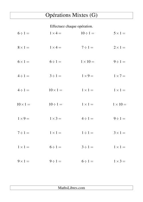 Multiplication et division -- Règles de 1 (variation 1 à 10) (G)