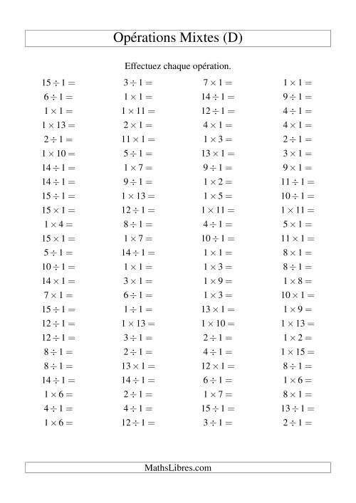 Multiplication et division -- Règles de 1 (variation 1 à 15) (D)