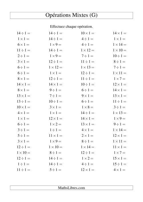 Multiplication et division -- Règles de 1 (variation 1 à 15) (G)