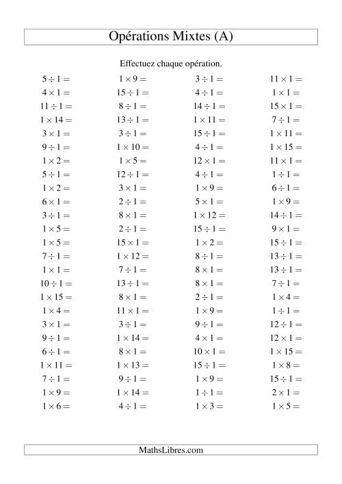 Multiplication et division -- Règles de 1 (variation 1 à 15) (Tout)