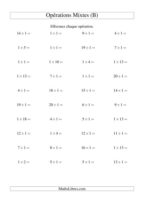 Multiplication et division -- Règles de 1 (variation 1 à 20) (B)