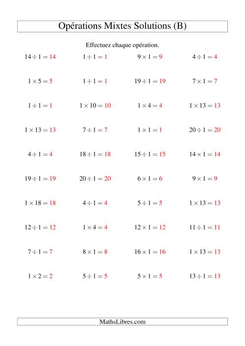 Multiplication et division -- Règles de 1 (variation 1 à 20) (B) page 2
