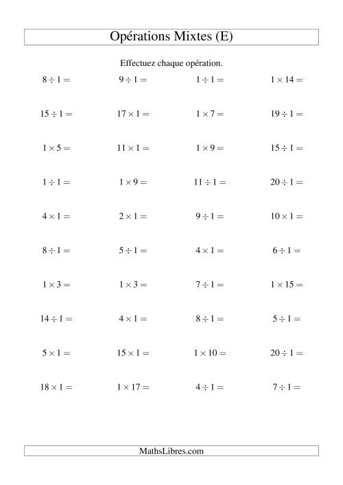 Multiplication et division -- Règles de 1 (variation 1 à 20) (E)