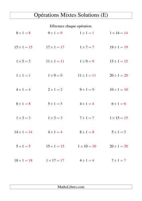 Multiplication et division -- Règles de 1 (variation 1 à 20) (E) page 2