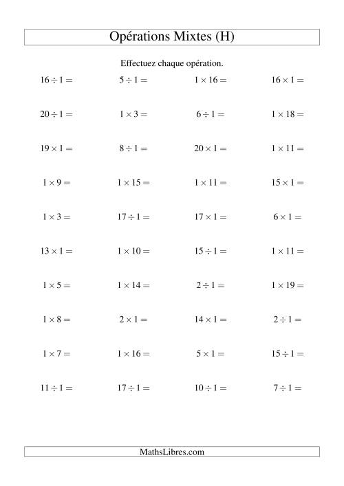 Multiplication et division -- Règles de 1 (variation 1 à 20) (H)