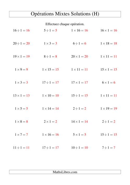 Multiplication et division -- Règles de 1 (variation 1 à 20) (H) page 2