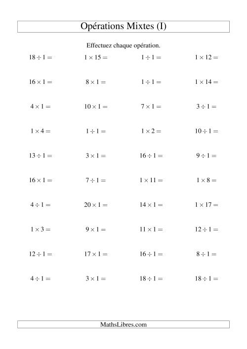 Multiplication et division -- Règles de 1 (variation 1 à 20) (I)