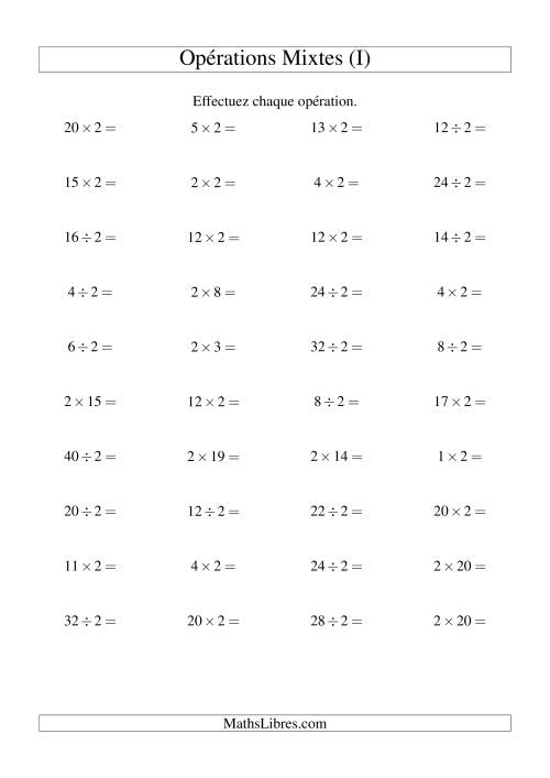 Multiplication et division -- Règles de 2 (variation 1 à 20) (I)