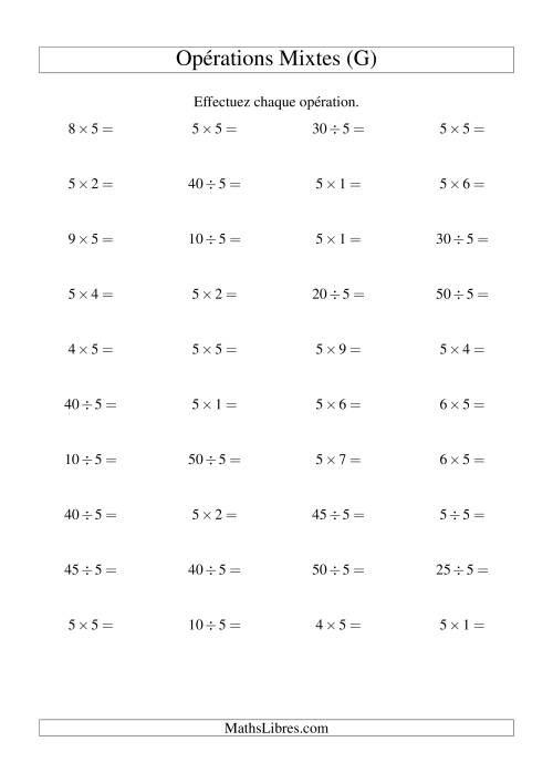 Multiplication et division -- Règles de 5 (variation 1 à 10) (G)