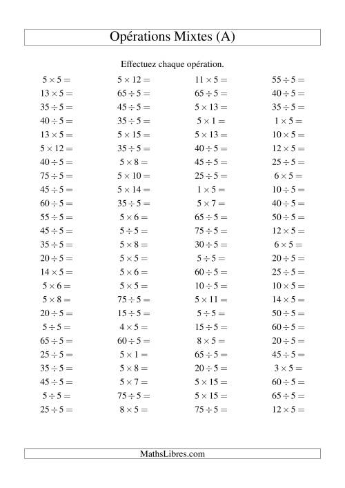 Multiplication et division -- Règles de 5 (variation 1 à 15) (A)