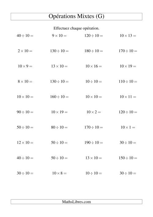 Multiplication et division -- Règles de 10 (variation 1 à 20) (G)