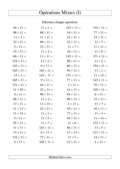 Multiplication et division -- Règles de 11 (variation 1 à 15) (I)