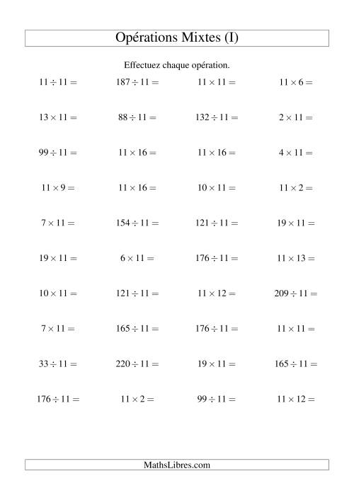 Multiplication et division -- Règles de 11 (variation 1 à 20) (I)