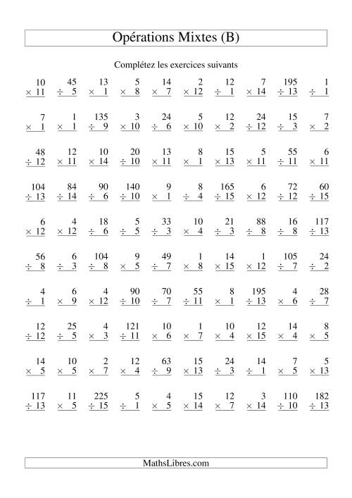 Multiplication et Division -- Variation 1 à 15 (B)