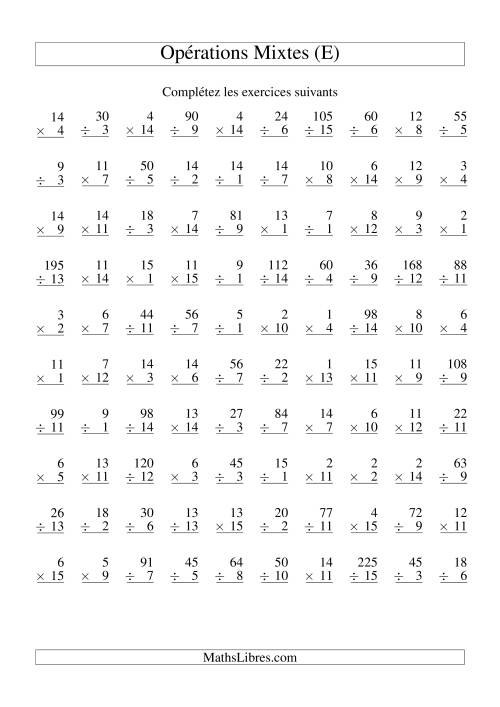 Multiplication et Division -- Variation 1 à 15 (E)
