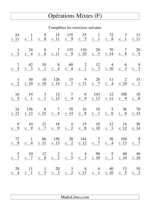 Multiplication et Division -- Variation 1 à 15 (F)