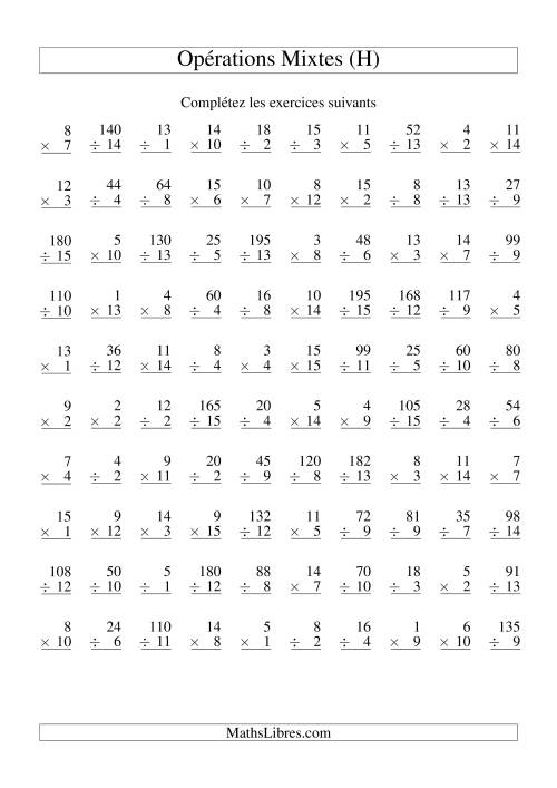 Multiplication et Division -- Variation 1 à 15 (H)