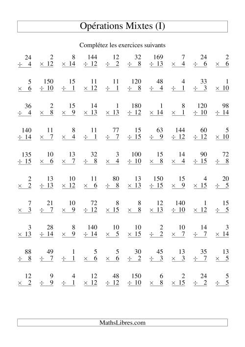 Multiplication et Division -- Variation 1 à 15 (I)