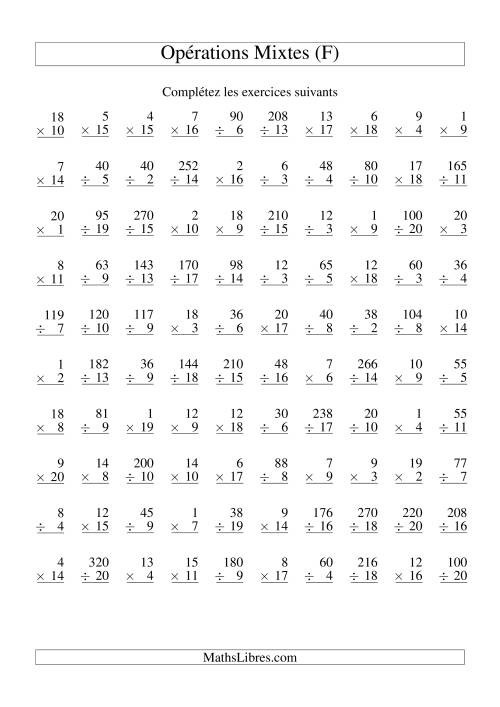 Multiplication et Division -- Variation 1 à 20 (F)
