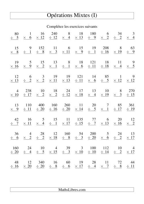 Multiplication et Division -- Variation 1 à 20 (I)