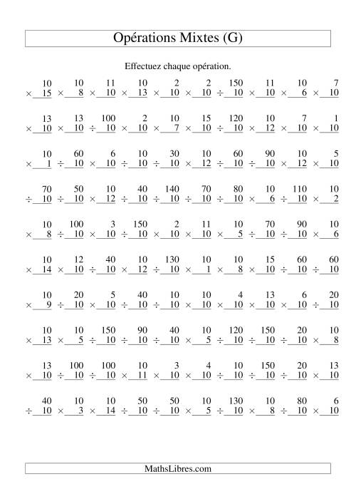 Multiplication et Division -- Règles de 10 (Variation 1 à 15) (G)